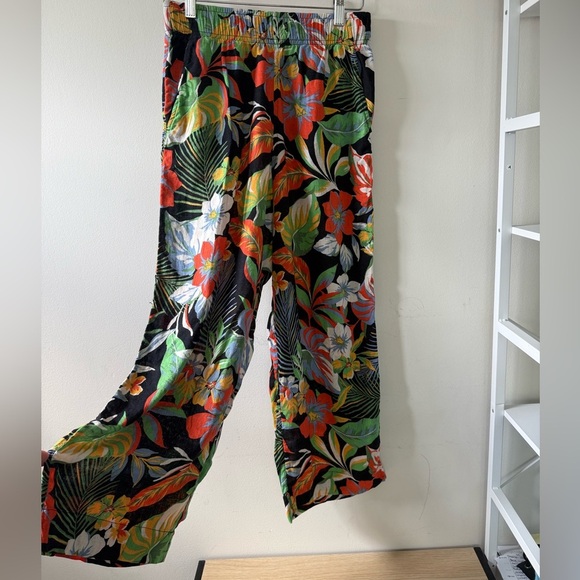 C&C California Tropical Floral Print Linen Blend Pants Sz S Multicolor Black - Picture 1 of 11